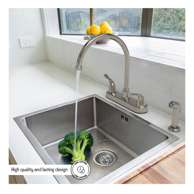 Wasserman Faucets Wasserman 23073124 - Mobile Home RV Kitchen Sink Faucet High Spout Dual Lever Handle with Side Spray, High Arc, Deck Mount, Brushed Nickel, 8 inch on Center, for Campers, Motorhomes, Travel - Image 3